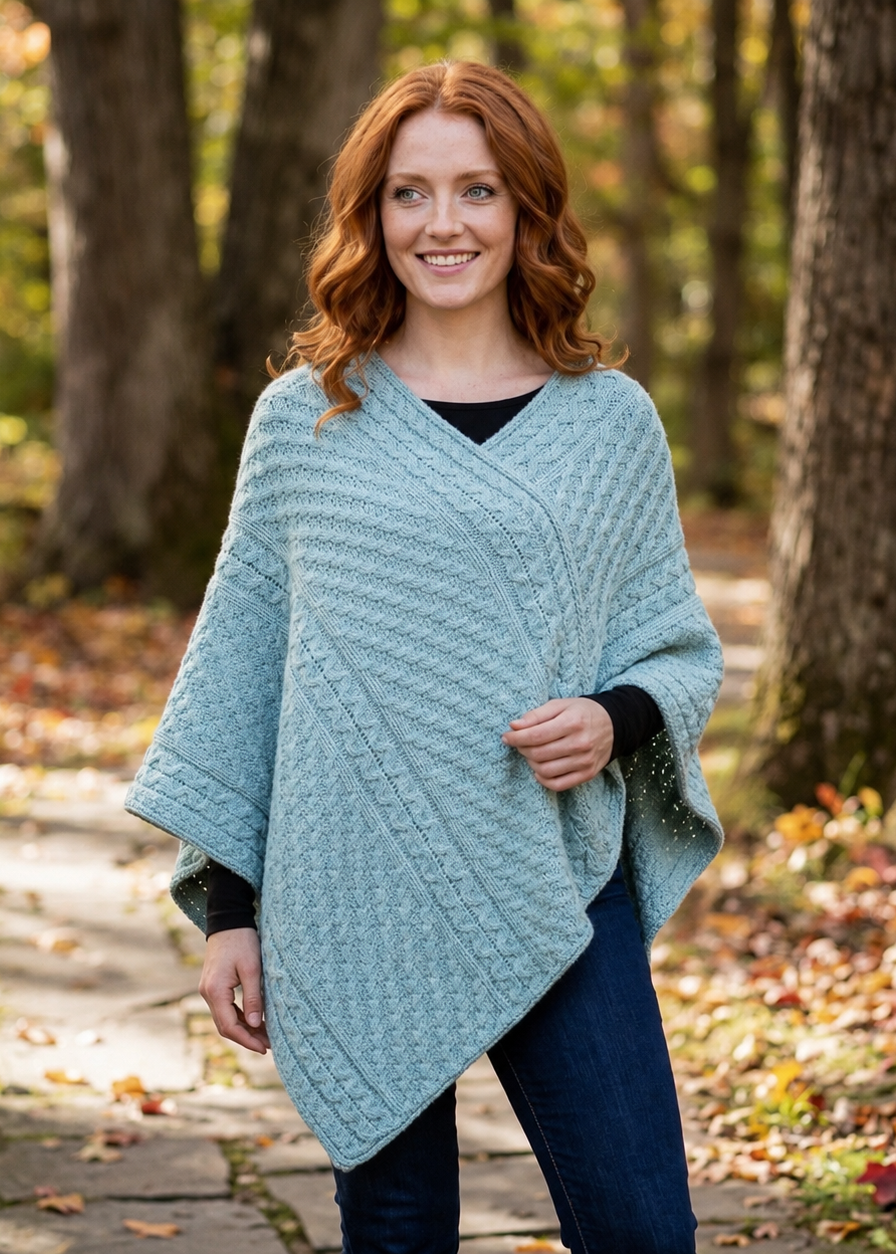 Aran Merino Wool V Neck Poncho | Aqua | Premium Heritage Knitwear