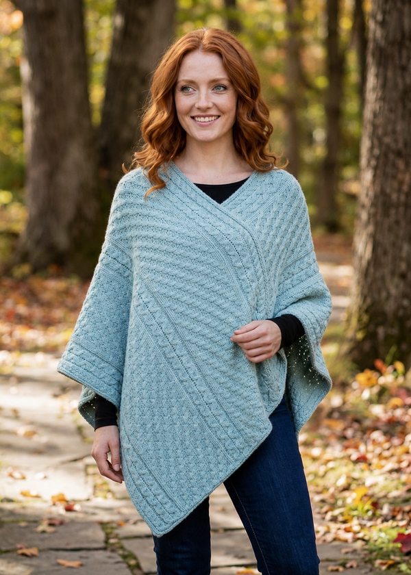 Aran Merino Wool V Neck Poncho | Aqua | Premium Heritage Knitwear