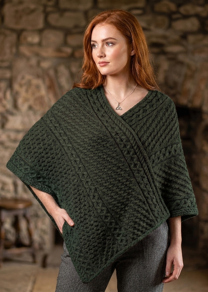 Aran Merino Wool V Neck Poncho | Army Green