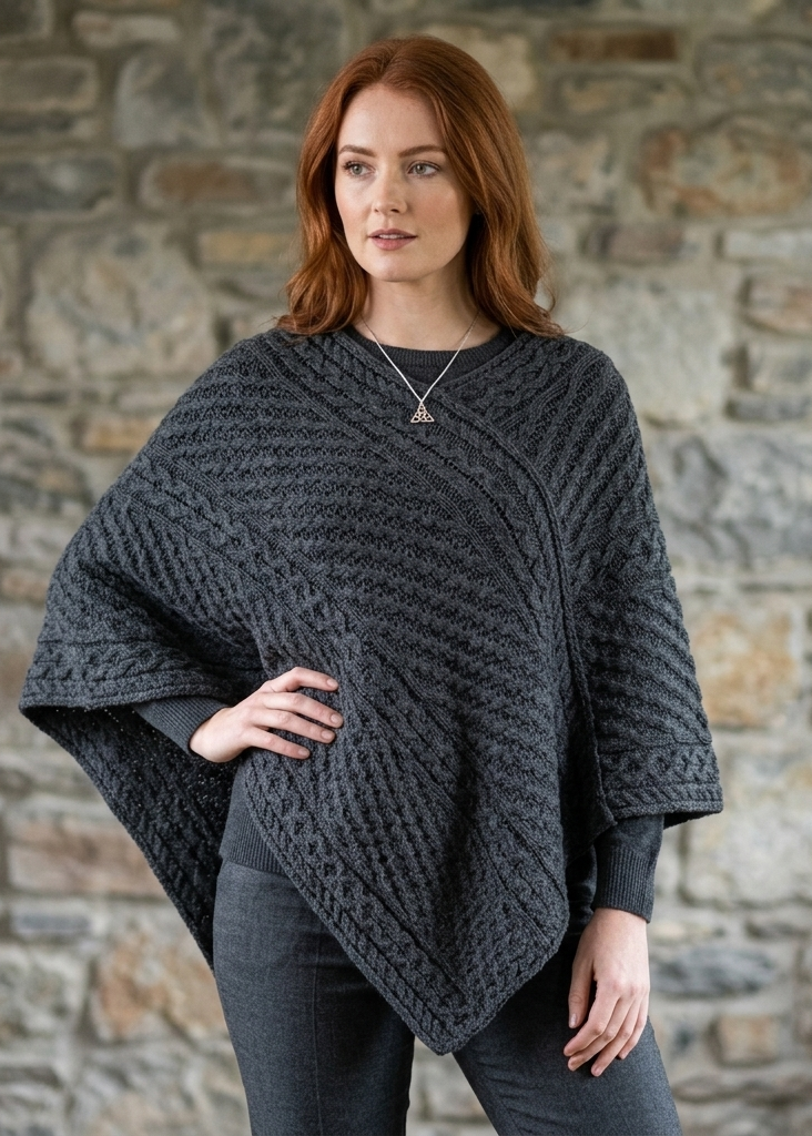 Aran Merino Wool V Neck Poncho | Charcoal | Premium Heritage Knitwear