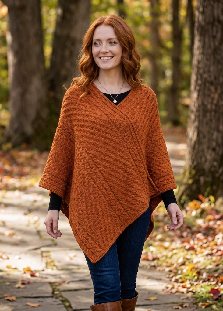 Aran Merino Wool V Neck Poncho | Copper 