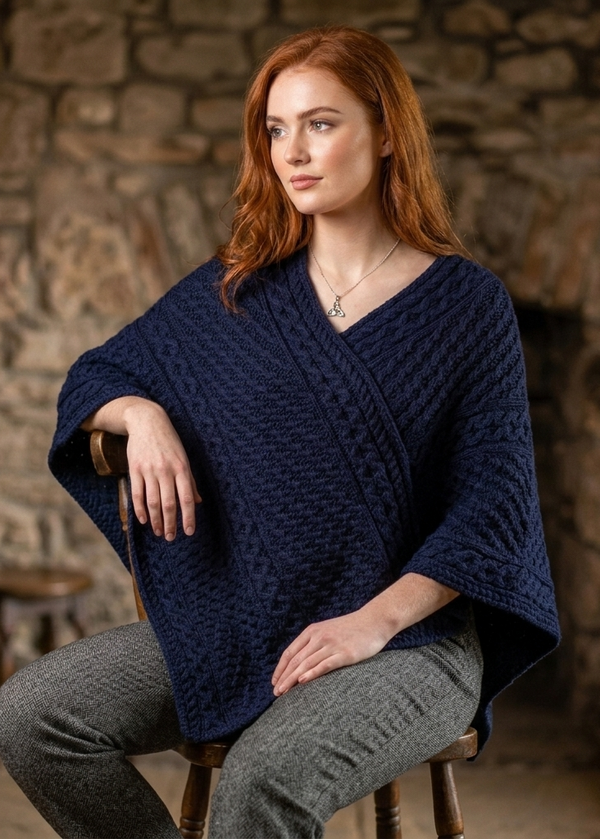Aran Merino Wool V Neck Poncho | Deep Water Blue