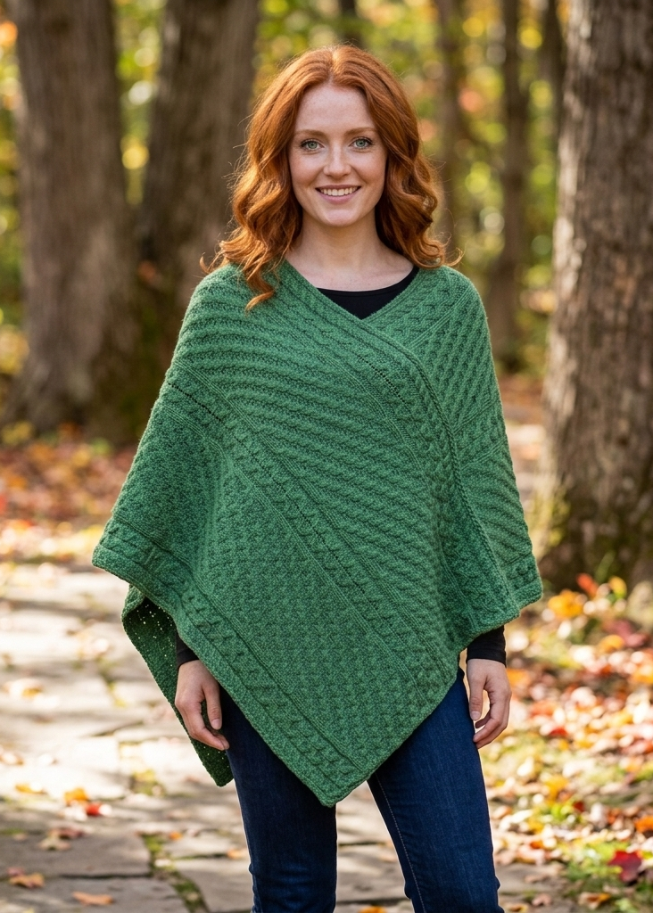 Aran Merino Wool V Neck Poncho | Kiwi