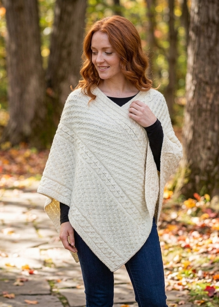 Aran Merino Wool V Neck Poncho | Natural