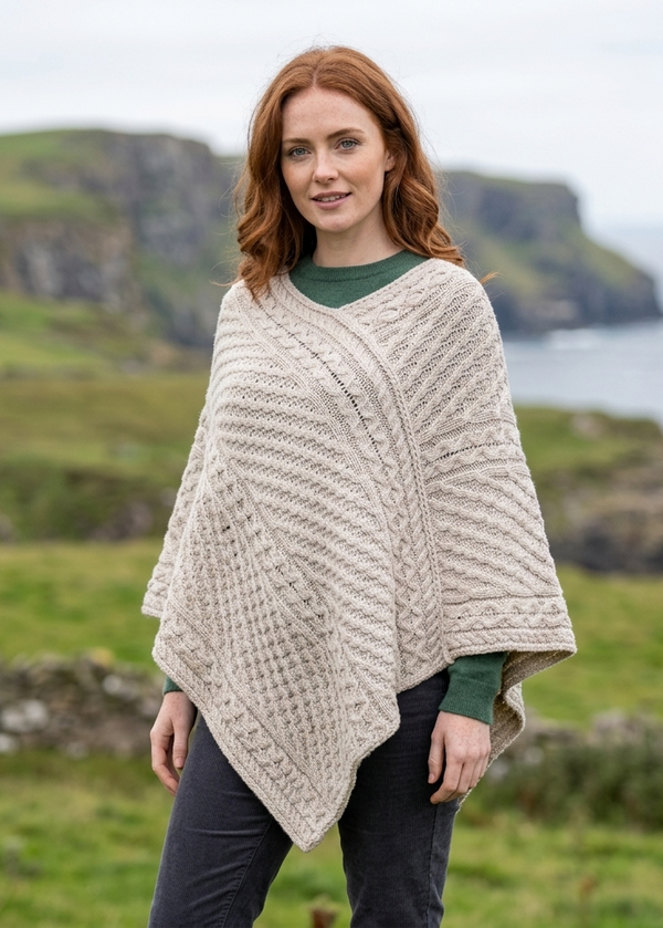 Aran Merino Wool V Neck Poncho | Oatmeal | Premium Heritage Knitwear