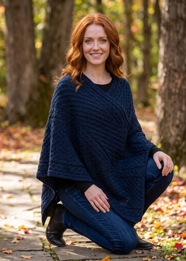 Aran Merino Wool V Neck Poncho | Ocean