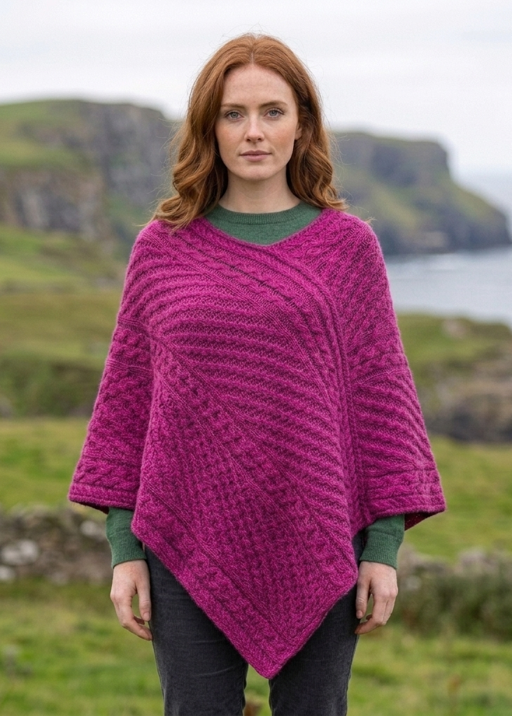 Aran Merino Wool V Neck Poncho | Raspberry Marl