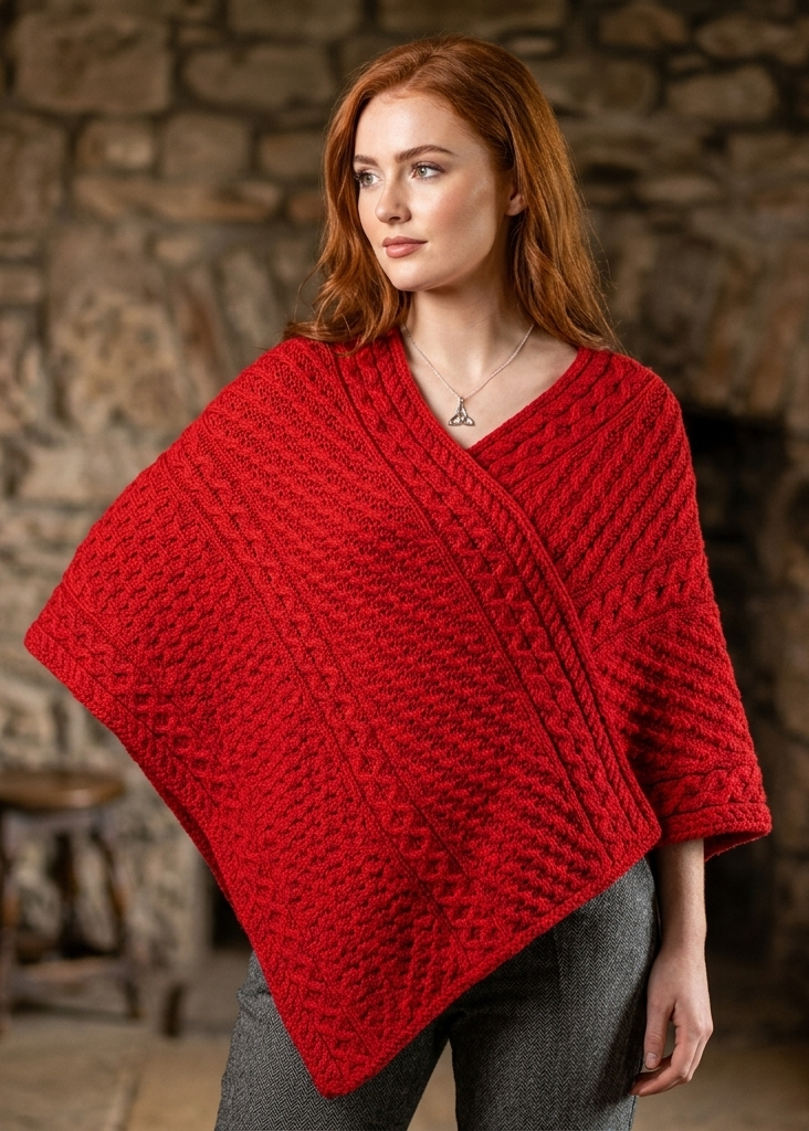 Aran Merino Wool V Neck Poncho | Red