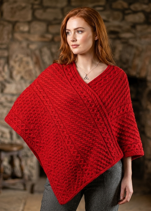 Aran Merino Wool V Neck Poncho | Red