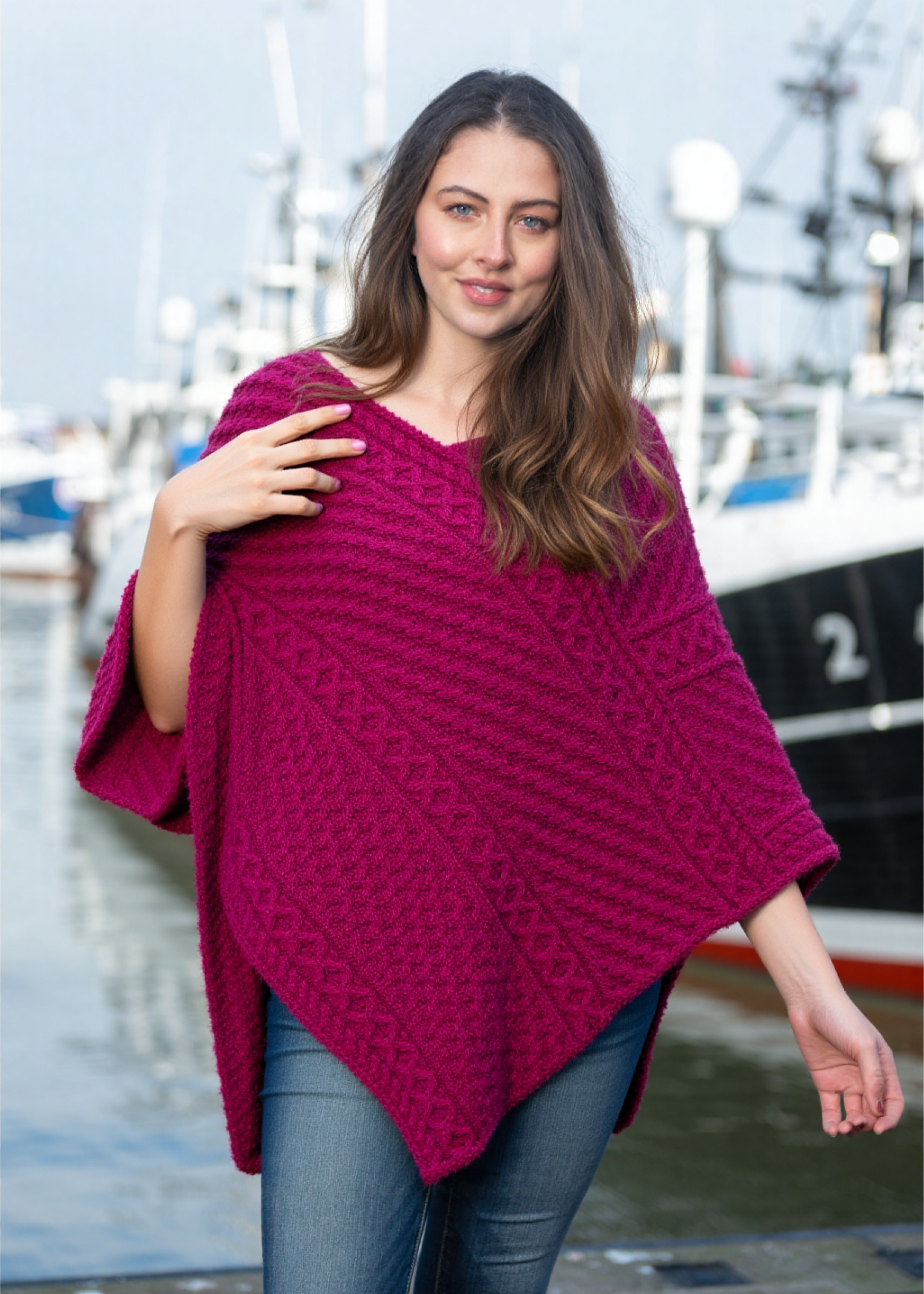 Aran Merino Wool V Poncho | Raspberry