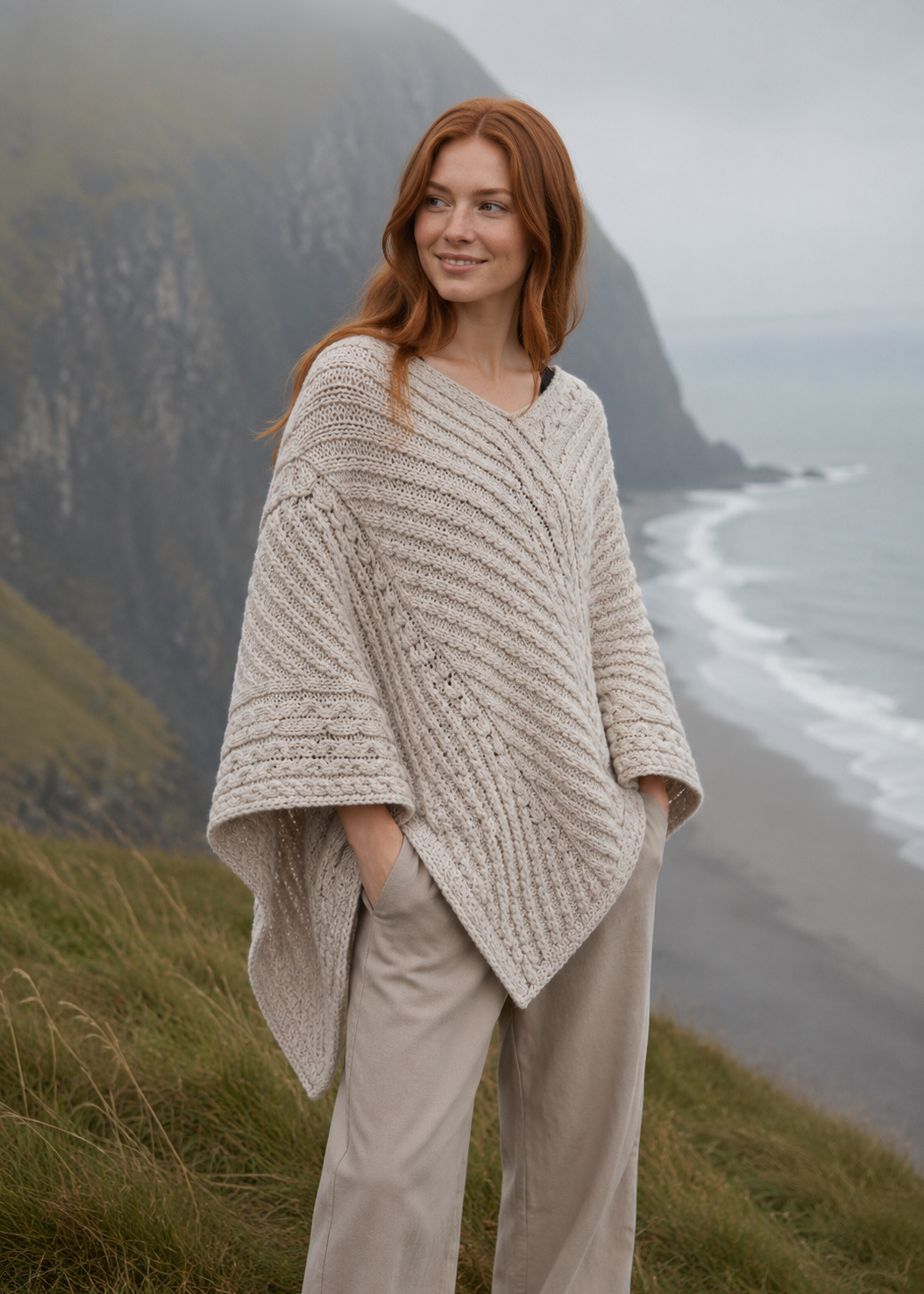 Aran Merino Wool V Poncho in Parsnip | Clearance