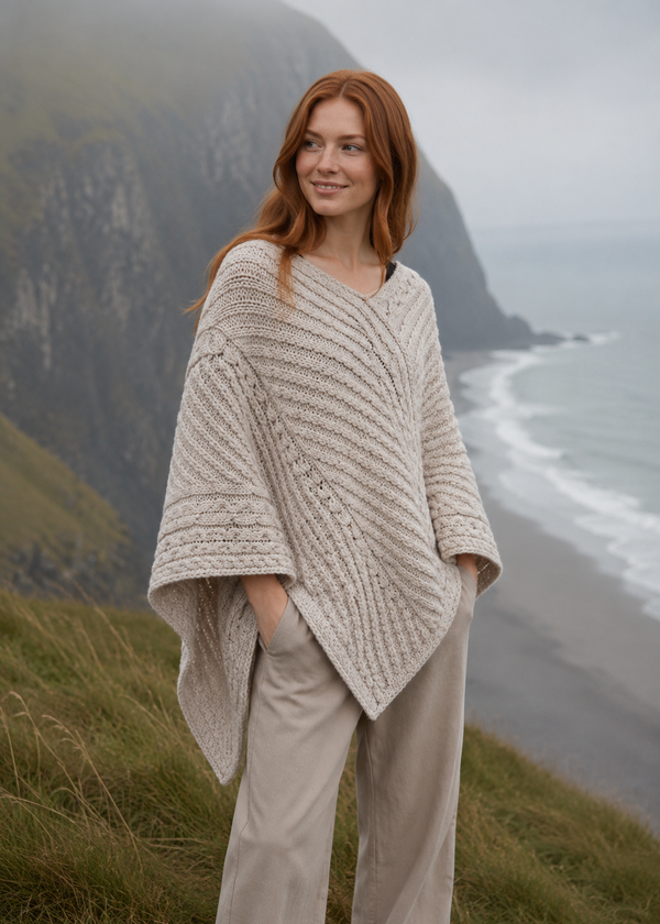 Aran Merino Wool V Poncho in Parsnip | Clearance