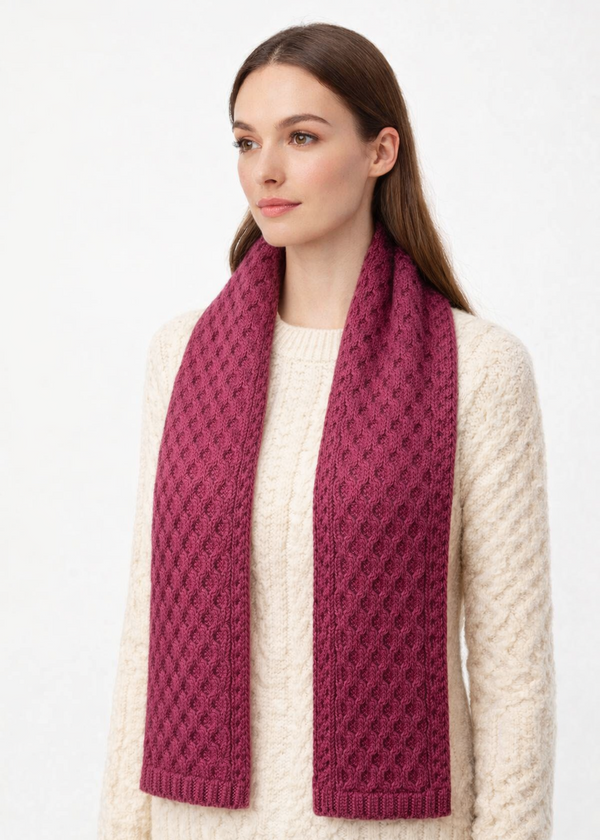 Aran Merino wool Honeycomb Scarf | Raspberry Marl