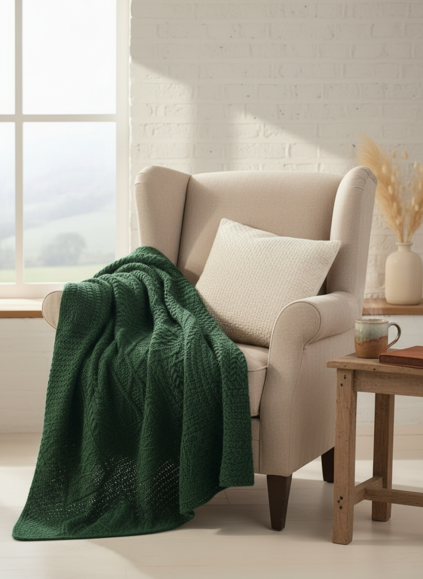 Aran Patchwork Blanket Forest Green | 100% Merino Wool Irish Throw