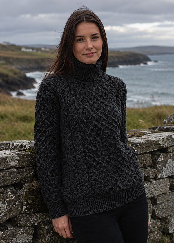 Aran Merino Polo Neck Sweater | Charcoal | Unisex | 100% Merino Wool