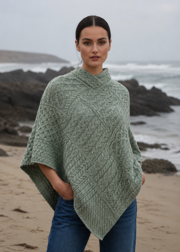Aran Poncho Sage Marl | 100% Merino Wool Irish Poncho