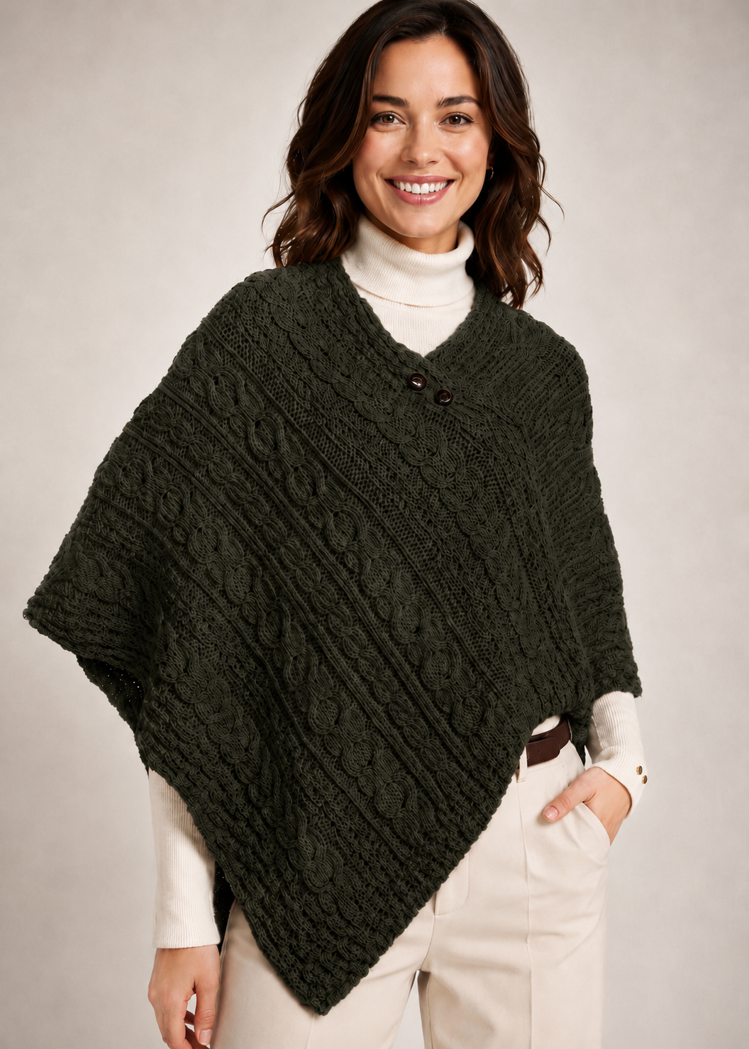 Aran Pure Wool Poncho | Heritage Green - Clearance