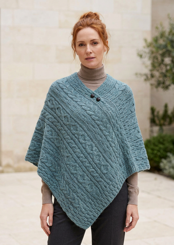 Aran Pure Wool Poncho | Summer Storm