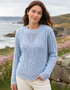 Aran-Pullover mit Muschelmuster | 100 % Merinowolle | Eismeliert