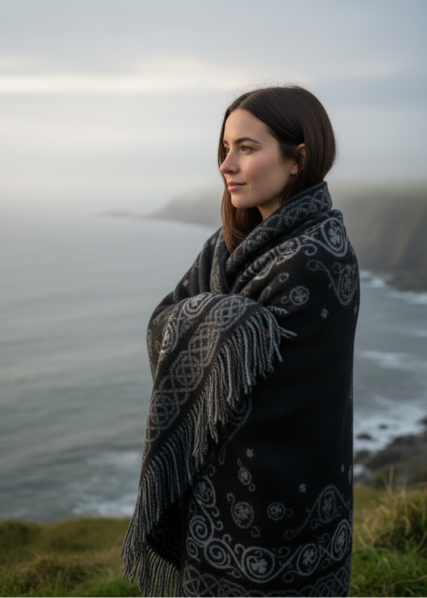 Aran Shamrock Reversible Blanket | Stone Grey / Black