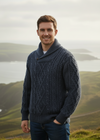 Aran Shawl Neck Sweater | 100% Merino Wool | Denim 