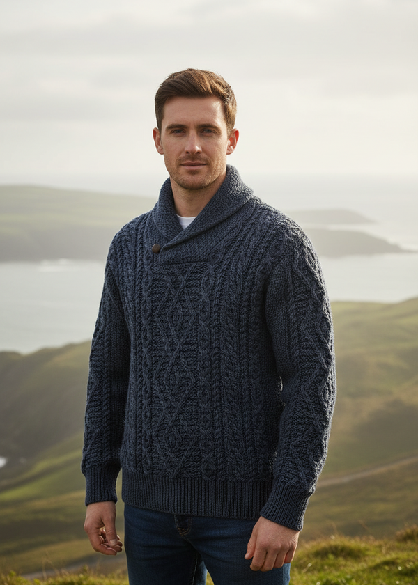 Aran Shawl Neck Sweater | 100% Merino Wool | Denim Marl