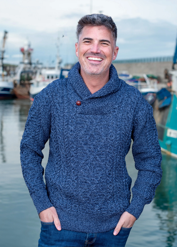 Aran Shawl Neck Sweater | Denim