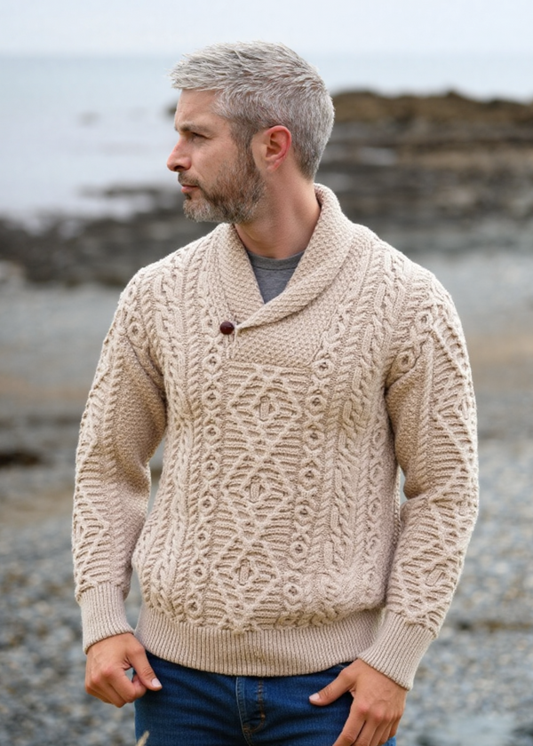 Aran Shawl Neck Sweater | Oatmeal