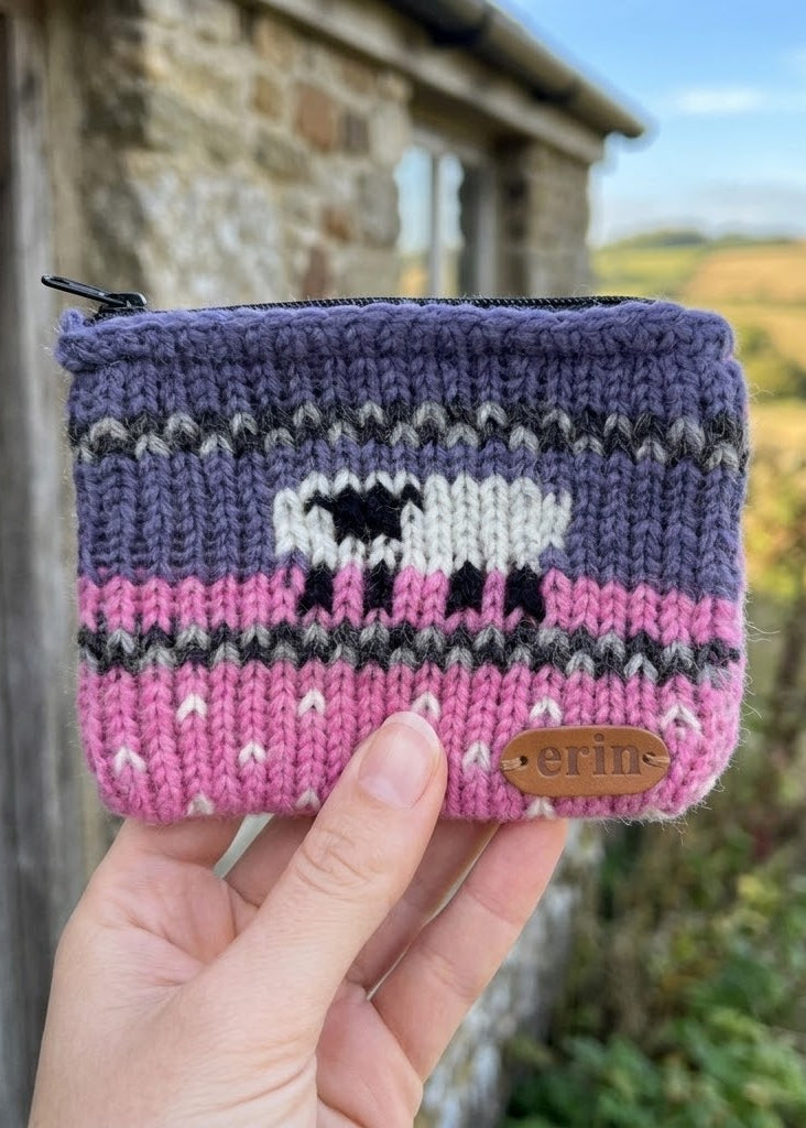 Aran Sheep Wool Coin Purse Blue/Pink