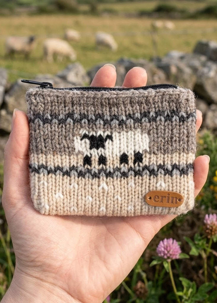 Aran Sheep Wool Coin Purse Grey/Beige