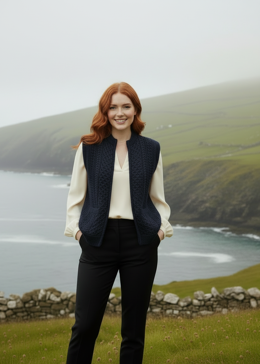 Aran Sleeveless Zip Cardigan | Navy