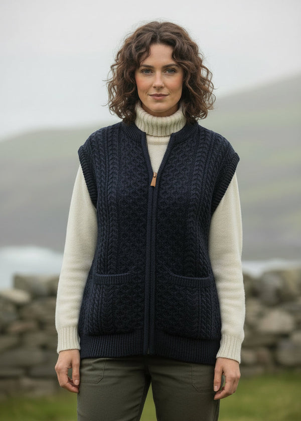 Aran Sleeveless Zip Cardigan | Navy Green Mix