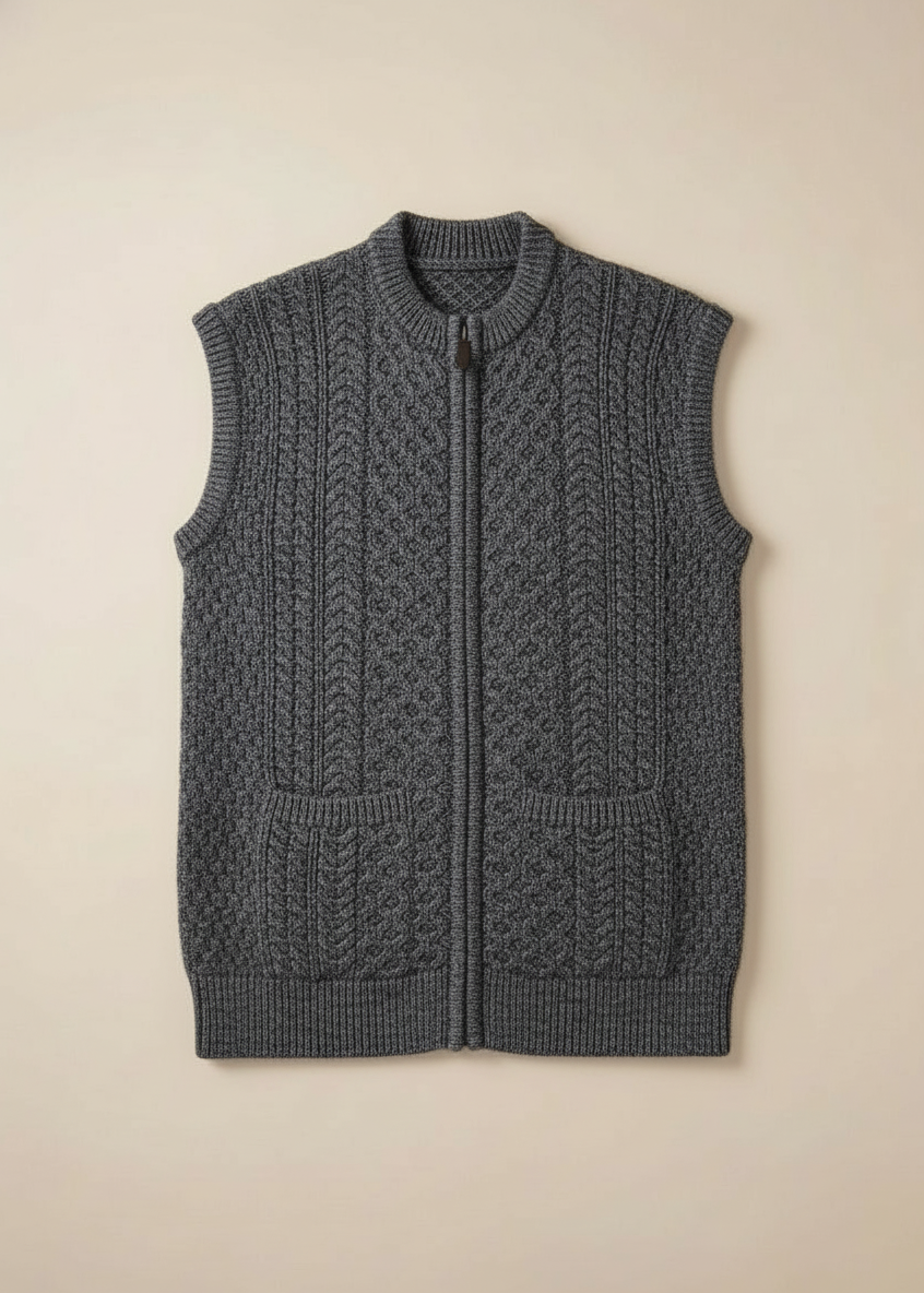 Aran Sleeveless Zip Cardigan | Slate Grey | Merino Wool