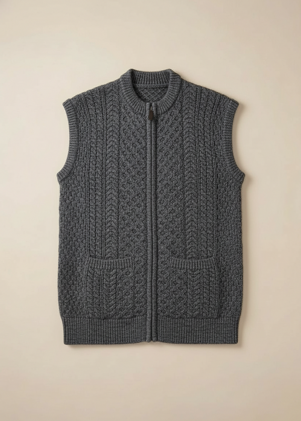 Aran Sleeveless Zip Cardigan | Slate Grey | Merino Wool