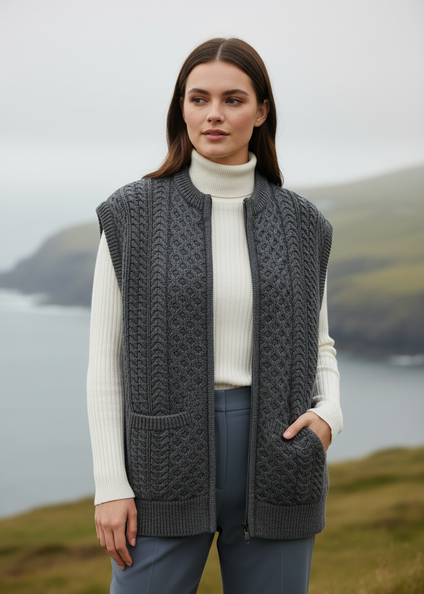 Woman wearing a gray knitted vest over a white turtleneck sweater with a scenic background.