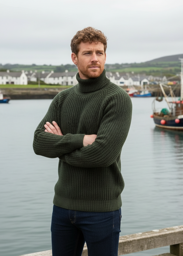 Aran Submariner Rib Roll Neck Sweater - Army Green | 100% Merino Wool