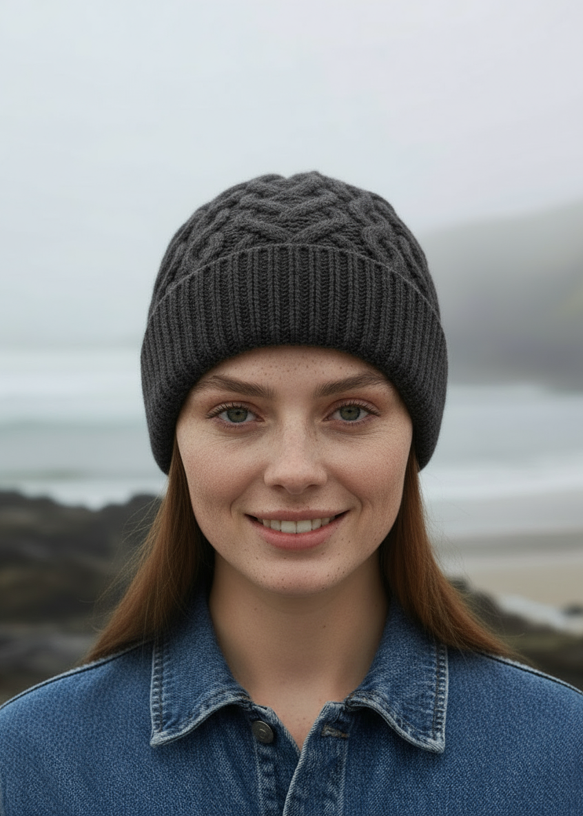 Aran Super Soft Heart Design Hat | Charcoal