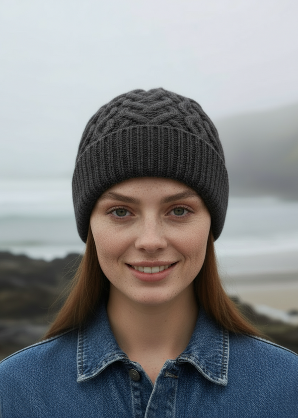 Aran Super Soft Heart Design Hat | Charcoal