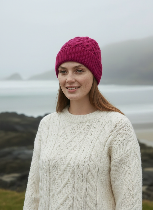 Aran Super Soft Heart Hat | Magenta Pink Merino Wool