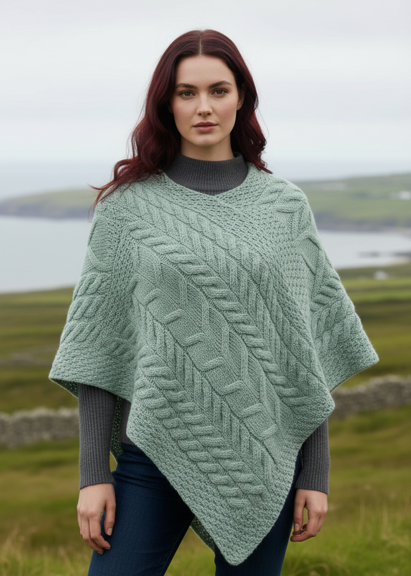 Aran Super Soft Merino Wool Poncho Mint | Irish Knitwear