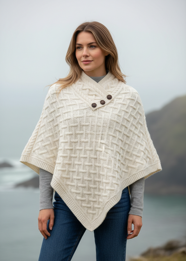Lifestyle Image 1 - Aran Super Soft Merino Wool Poncho | Natural
