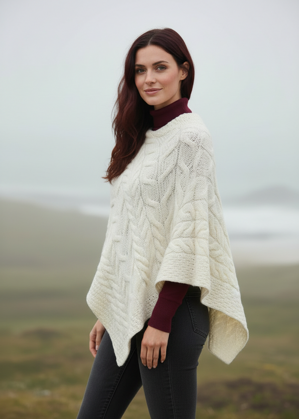 Aran Super Soft Merino Wool Poncho Natural | Irish Knitwear