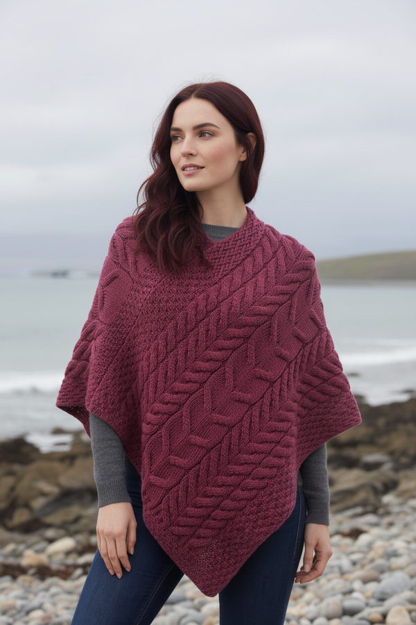 Aran Super Soft Merino Wool Poncho Raspberry | Irish Knitwear