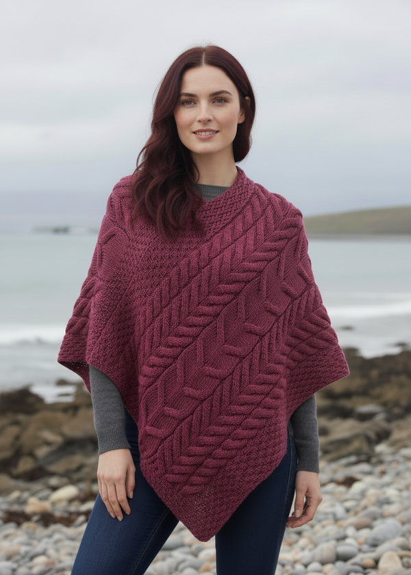 Aran Super Soft Merino Wool Poncho Raspberry | Irish Knitwear