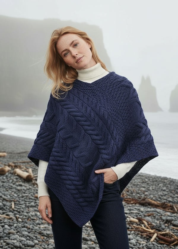 Aran Super Soft Poncho | Blue