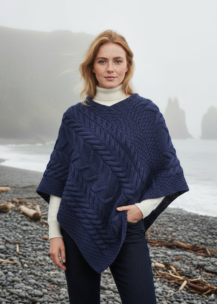 Aran Super Soft Poncho | Blue