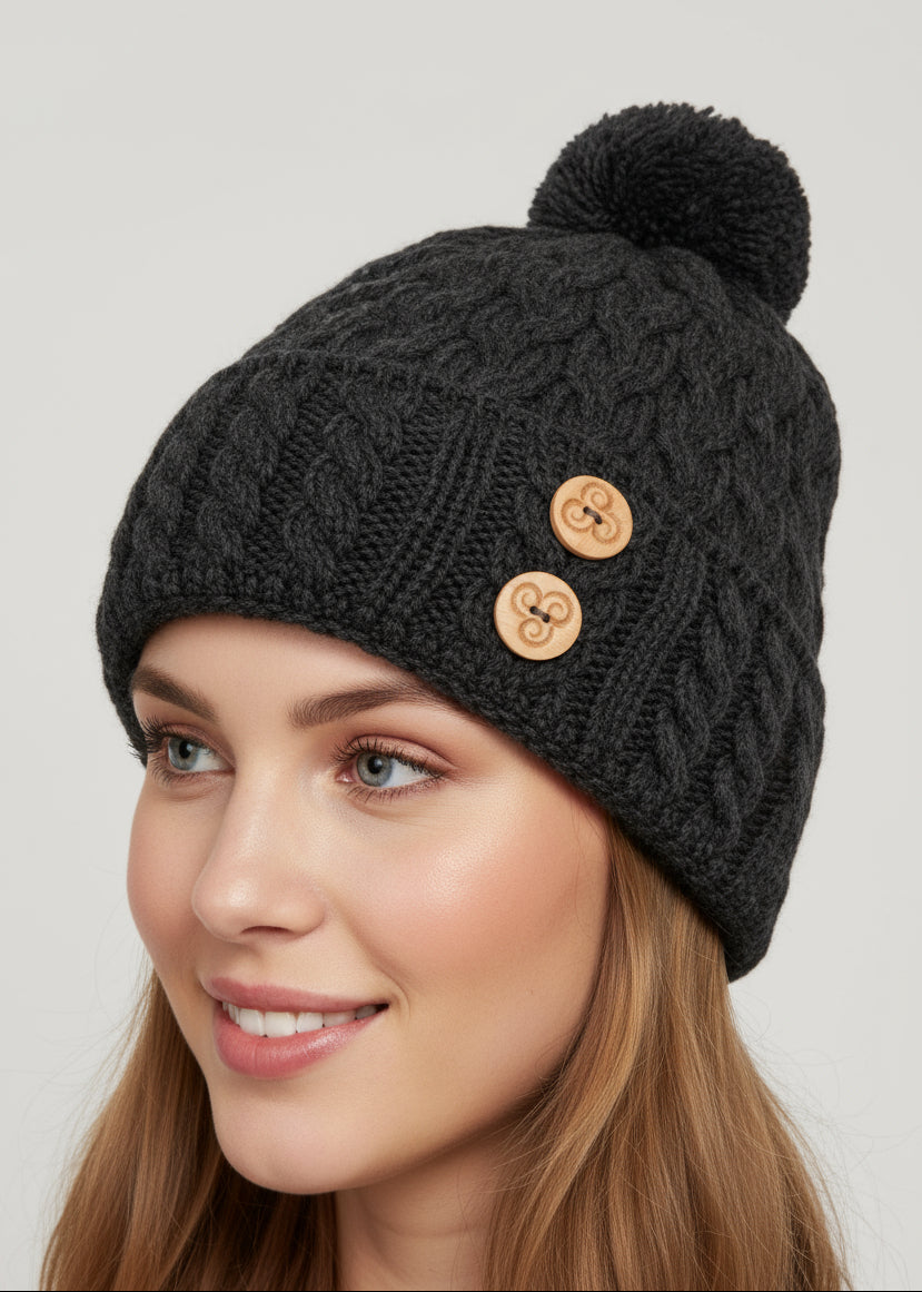 Aran Supersoft Merino Button Hat - Charcoal