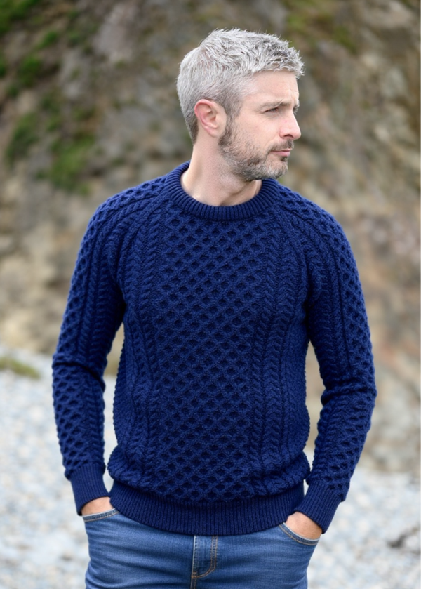 Unisex Aran Sweater | Deep Water Blue