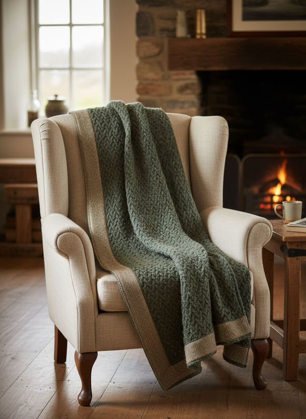 Aran Throw with Tweed Trim - 100% Merino Wool Blanket