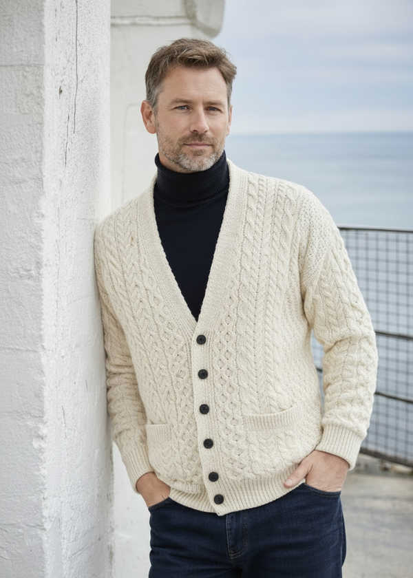 Aran V-Neck Cardigan | 100% Merino Wool | Natural
